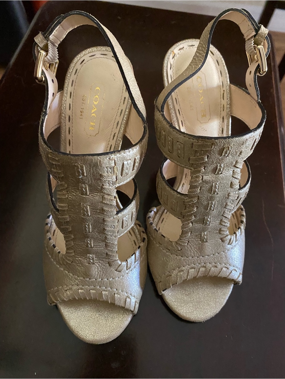 Coach Gold Leather Cutout Strappy Heels